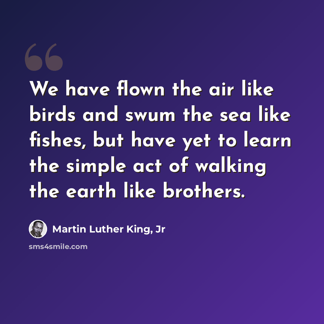“We have flown the air like birds and swum the sea like fishes, but have yet to learn the simple act of walking the earth like brothers.” quote by Martin Luther King, Jr