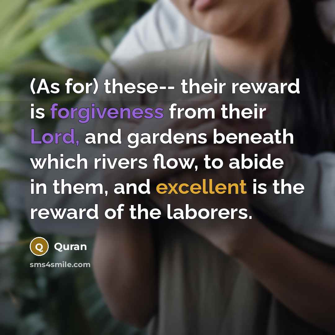 “(As for) these-- their reward is forgiveness from their Lord, and gardens beneath which rivers flow, to abide in them, and excellent is the reward of the laborers.” quote by Quran