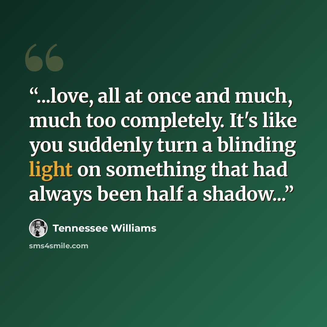 “...love, all at once and much, much too completely. It's like you suddenly turn a blinding light on something that had always been half a shadow...” quote by Tennessee Williams