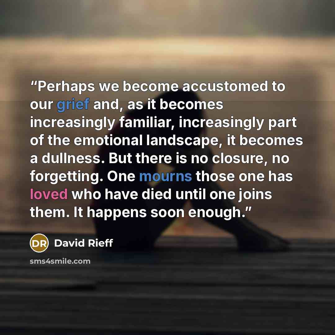 “Perhaps we become accustomed to our grief and, as it becomes increasingly familiar, increasingly part of the emotional landscape, it becomes a dullness. But there is no closure, no forgetting. One mourns those one has loved who have died until one joins them. It happens soon enough.” quote by David Rieff
