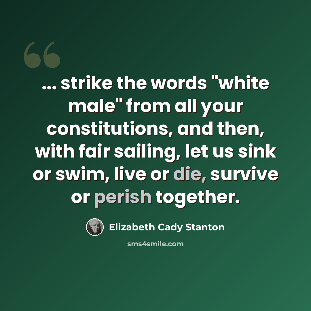 “... strike the words "white male" from all your constitutions, and then, with fair sailing, let us sink or swim, live or die, survive or perish together.” quote by Elizabeth Cady Stanton