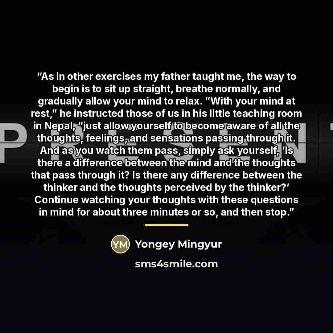 “As in other exercises my father taught me, the way to begin is to sit up straight, breathe normally, and gradually allow your mind to relax. “With your mind at rest,” he instructed those of us in his little teaching room in Nepal, “just allow yourself to become aware of all the thoughts, feelings…” quote by Yongey Mingyur