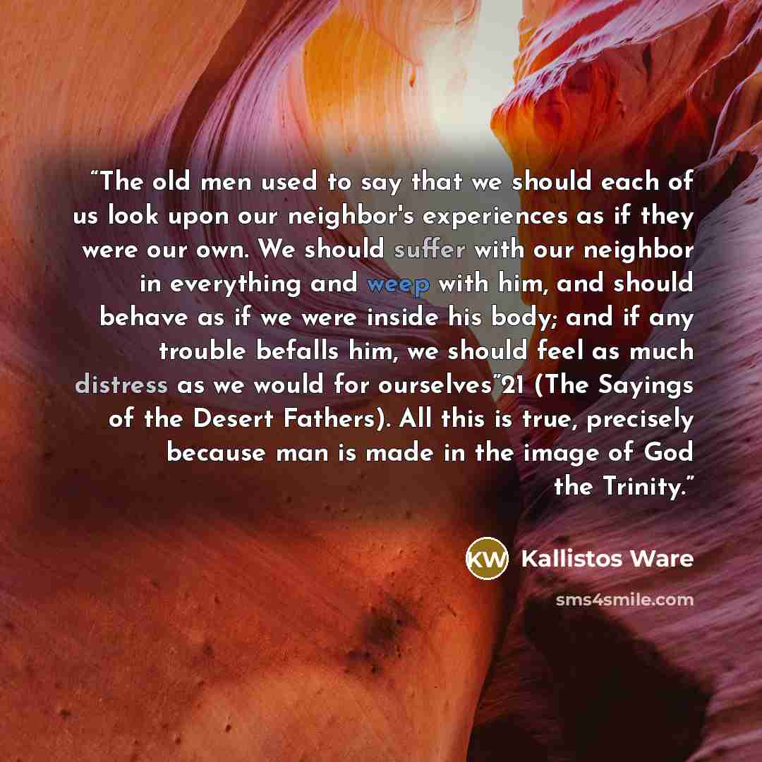 “The old men used to say that we should each of us look upon our neighbor's experiences as if they were our own. We should suffer with our neighbor in everything and weep with him, and should behave as if we were inside his body; and if any trouble befalls him, we should feel as much distress as we…” quote by Kallistos Ware