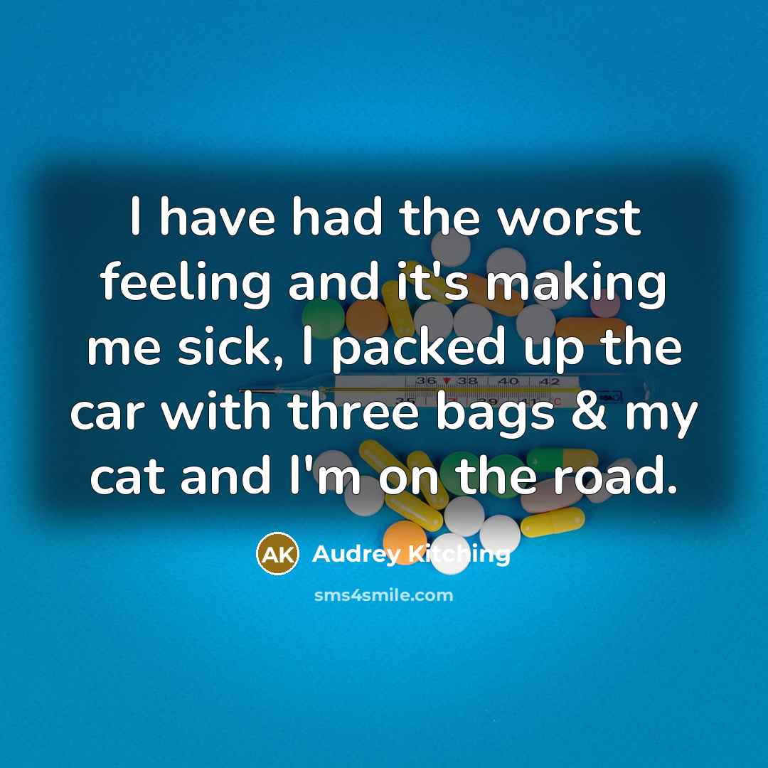 “I have had the worst feeling and it's making me sick, I packed up the car with three bags & my cat and I'm on the road.” quote by Audrey Kitching