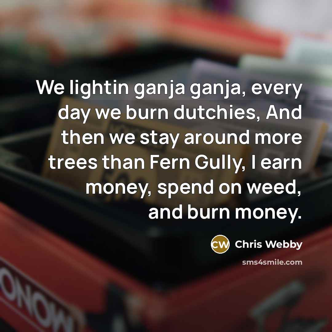 “We lightin ganja ganja, every day we burn dutchies, And then we stay around more trees than Fern Gully, I earn money, spend on weed, and burn money.” quote by Chris Webby