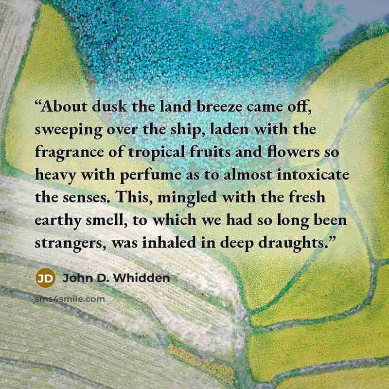 “About dusk the land breeze came off, sweeping over the ship, laden with the fragrance of tropical fruits and flowers so heavy with perfume as to almost intoxicate the senses. This, mingled with the fresh earthy smell, to which we had so long been strangers, was inhaled in deep draughts.” quote by John D. Whidden