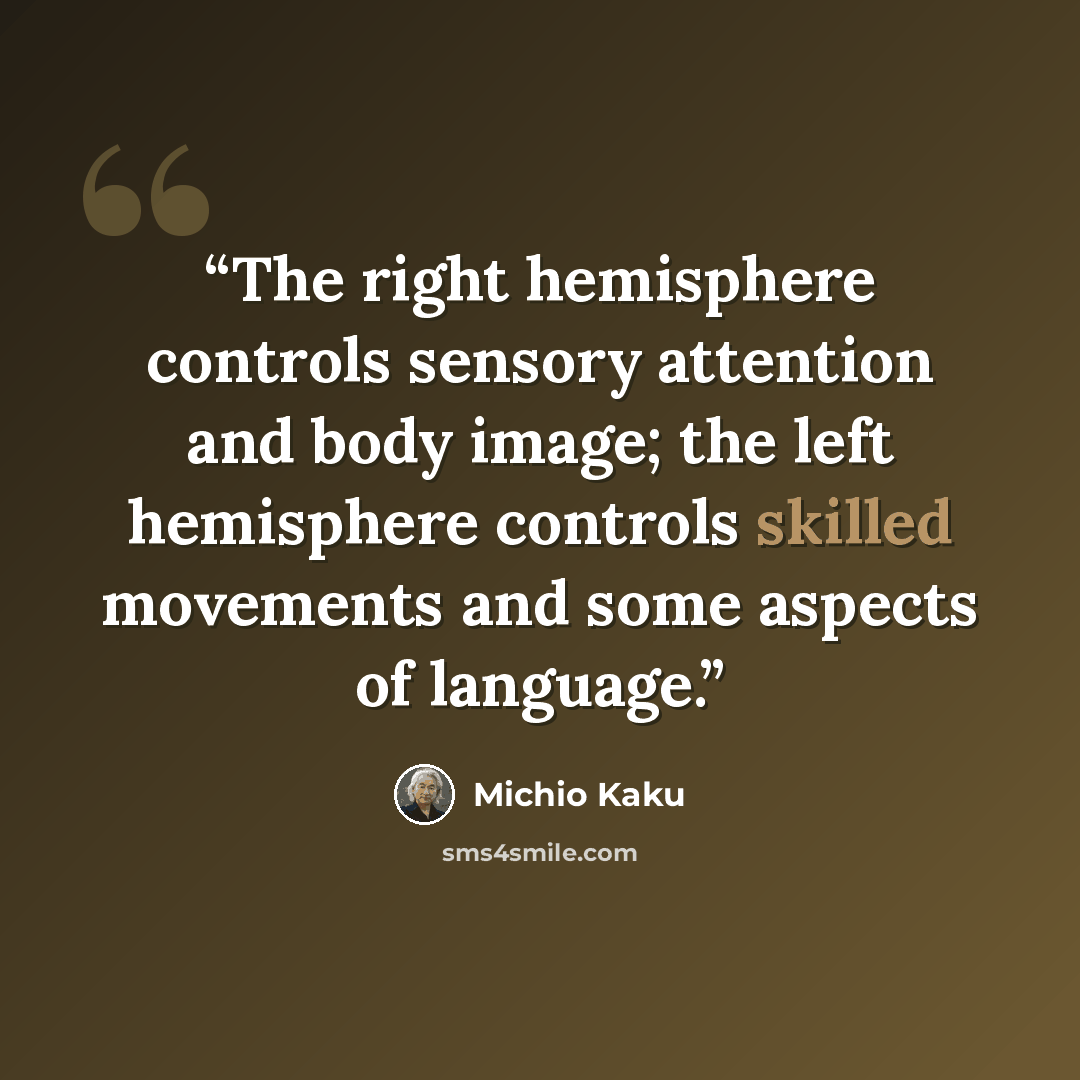 “The right hemisphere controls sensory attention and body image; the left hemisphere controls skilled movements and some aspects of language.” quote by Michio Kaku