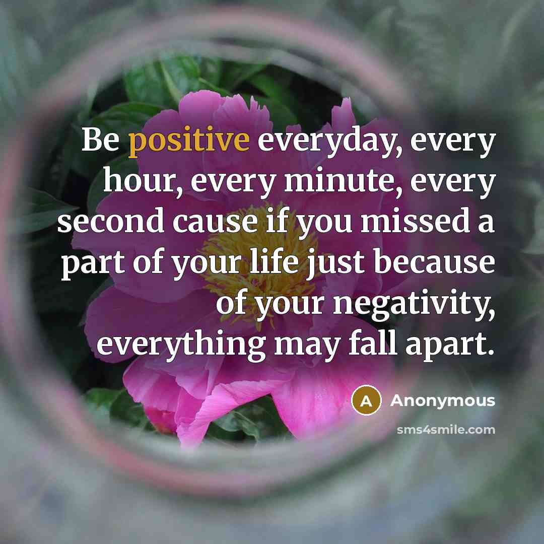 “Be positive everyday, every hour, every minute, every second cause if you missed a part of your life just because of your negativity, everything may fall apart.” quote by Anonymous