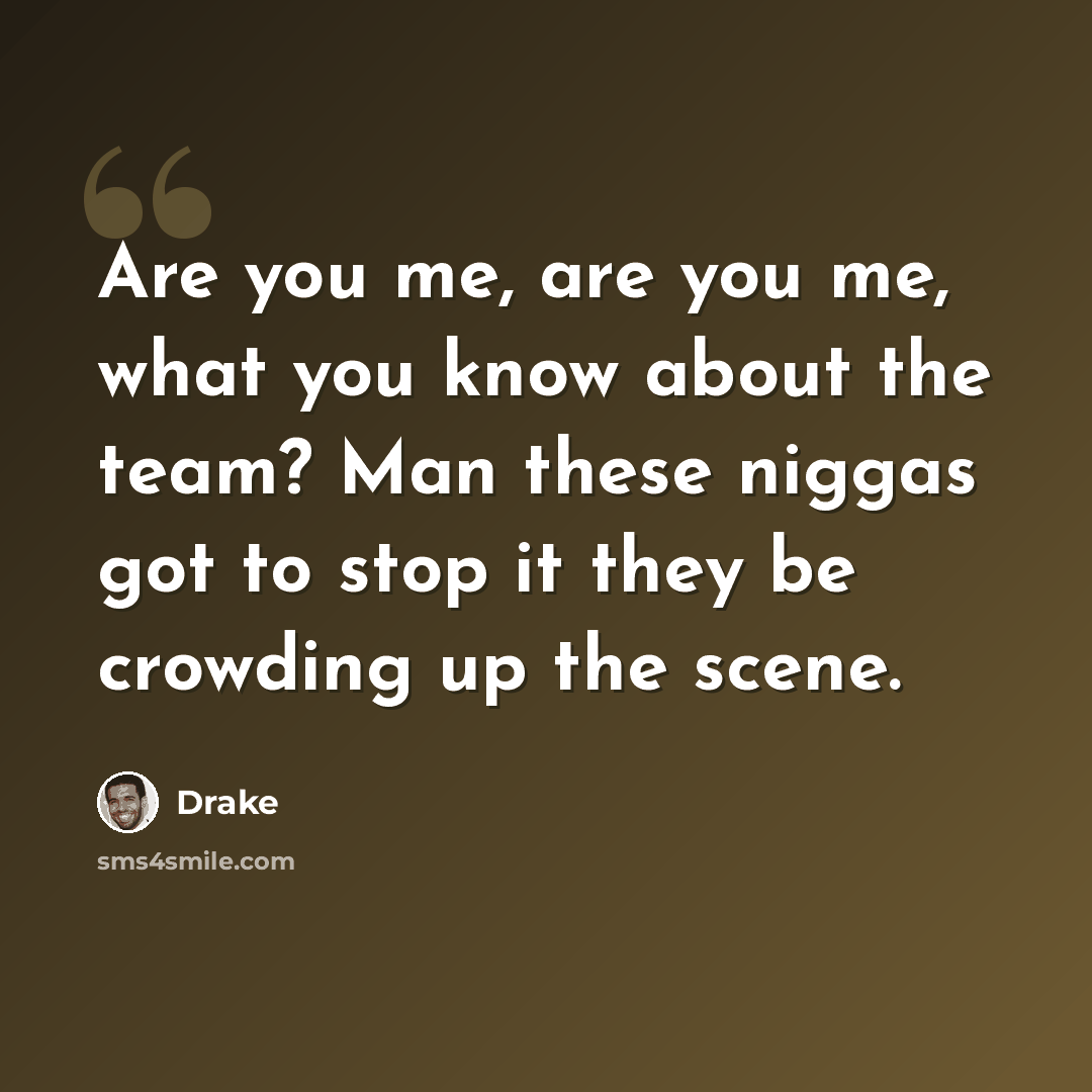 “Are you me, are you me, what you know about the team? Man these niggas got to stop it they be crowding up the scene.” quote by Drake