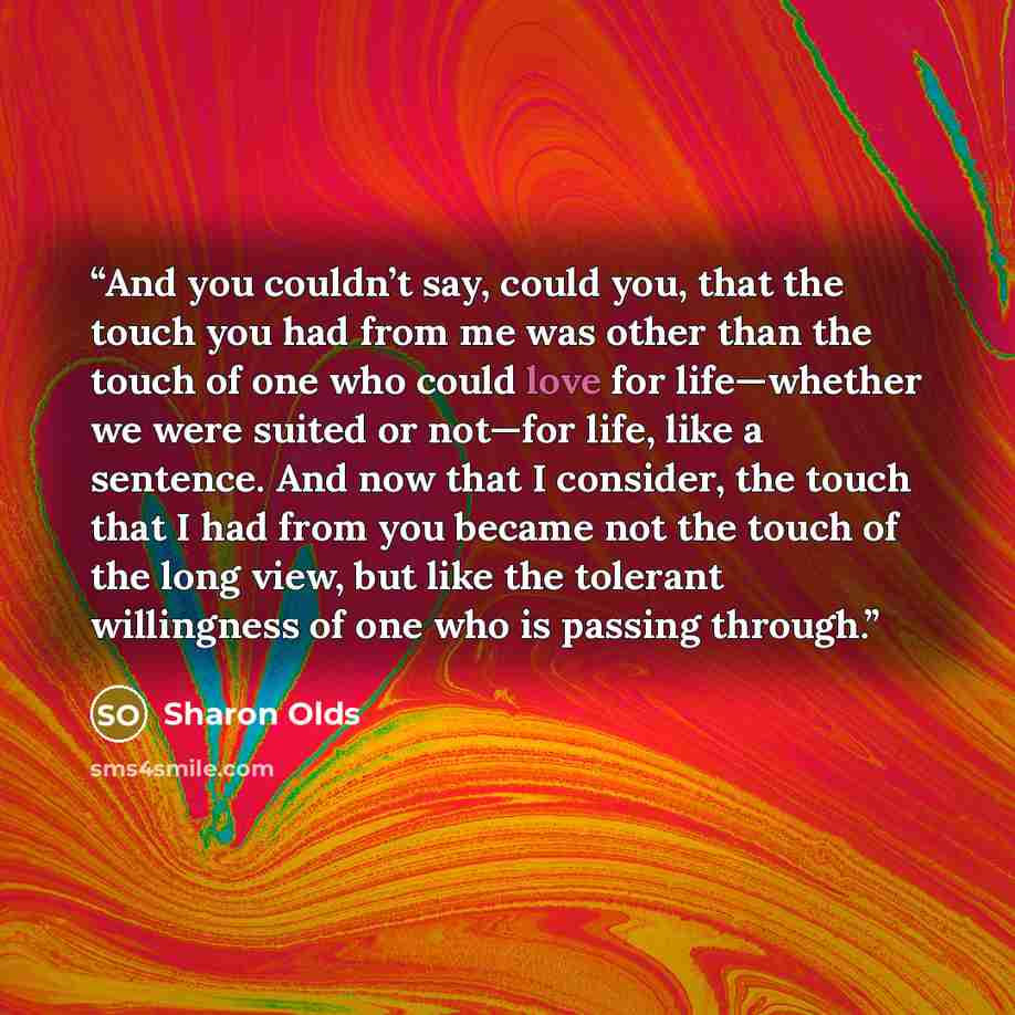 “And you couldn’t say, could you, that the touch you had from me was other than the touch of one who could love for life—whether we were suited or not—for life, like a sentence. And now that I consider, the touch that I had from you became not the touch of the long view, but like the tolerant…” quote by Sharon Olds