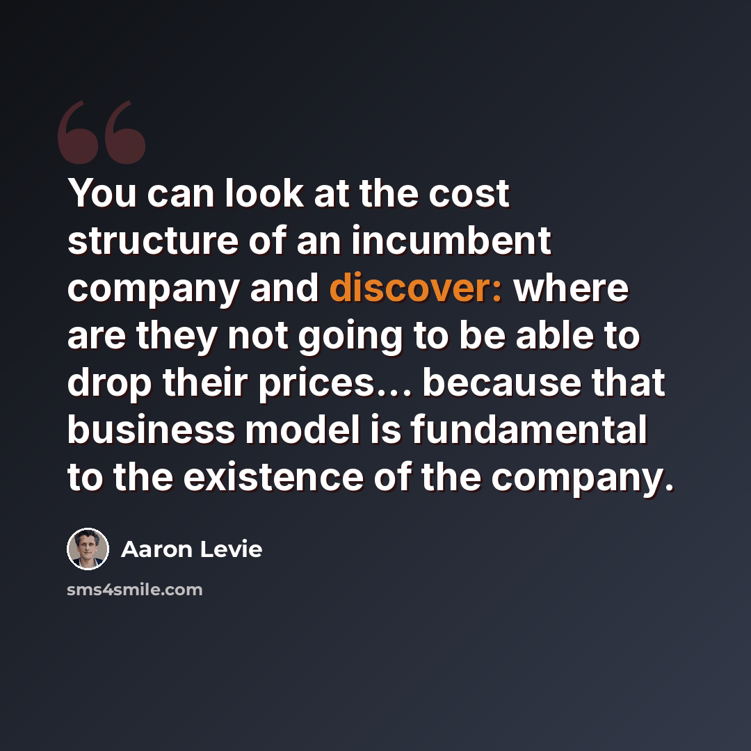 “You can look at the cost structure of an incumbent company and discover: where are they not going to be able to drop their prices... because that business model is fundamental to the existence of the company.” quote by Aaron Levie
