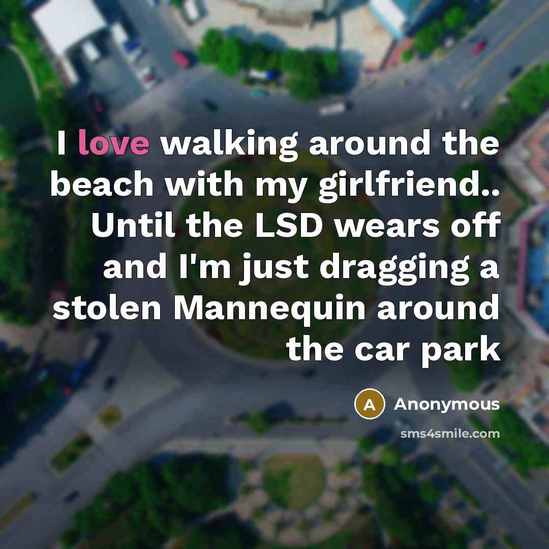 “I love walking around the beach with my girlfriend.. Until the LSD wears off and I'm just dragging a stolen Mannequin around the car park” quote by Anonymous