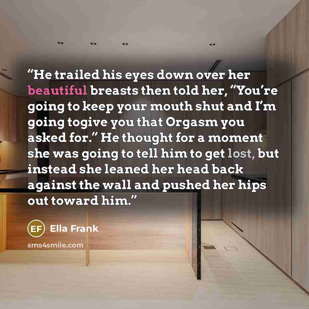 “He trailed his eyes down over her beautiful breasts then told her, “You’re going to keep your mouth shut and I’m going togive you that Orgasm you asked for.” He thought for a moment she was going to tell him to get lost, but instead she leaned her head back against the wall and pushed her hips out…” quote by Ella Frank