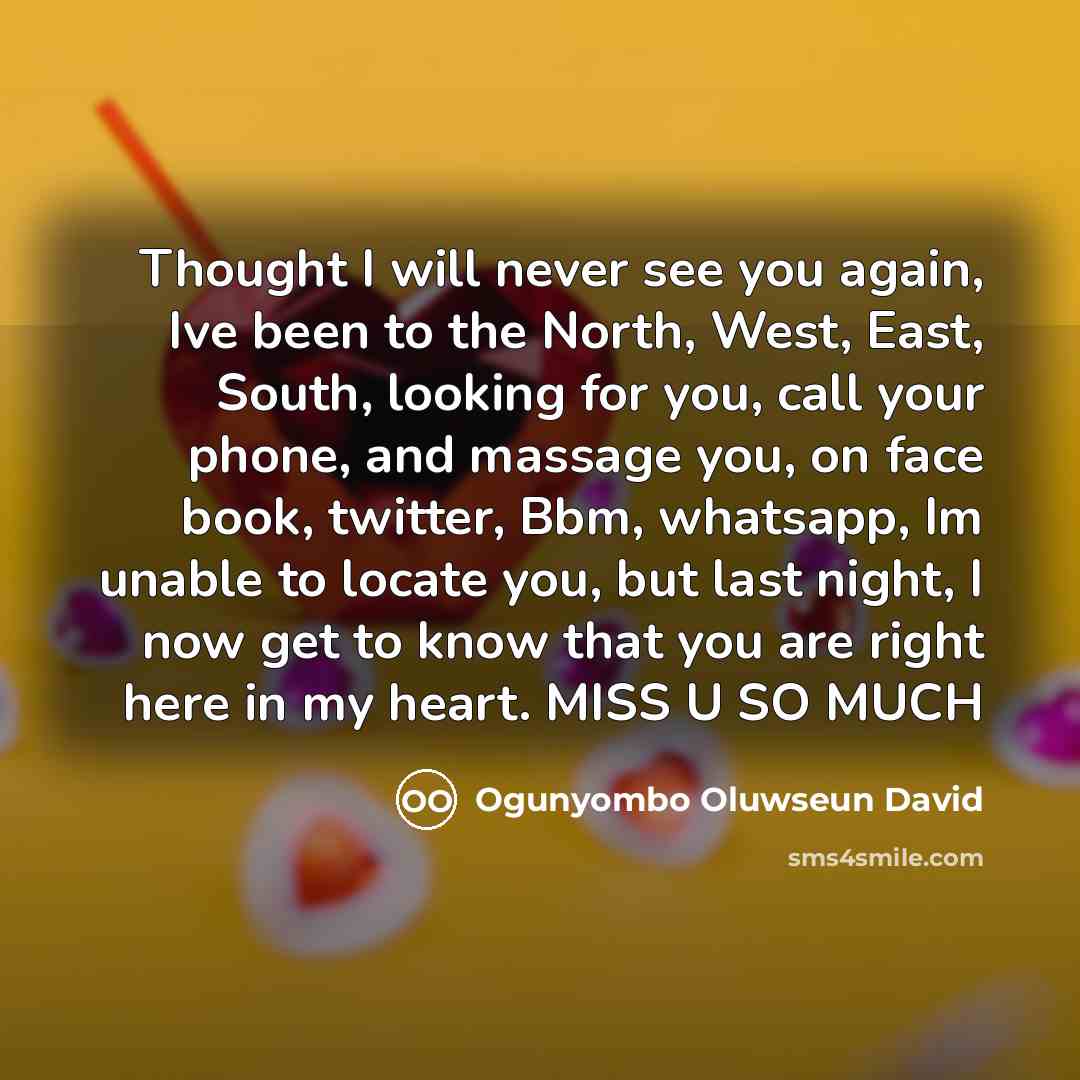 “Thought I will never see you again, Ive been to the North, West, East, South, looking for you, call your phone, and massage you, on face book, twitter, Bbm, whatsapp, Im unable to locate you, but last night, I now get to know that you are right here in my heart. MISS U SO MUCH” quote by Ogunyombo Oluwseun David