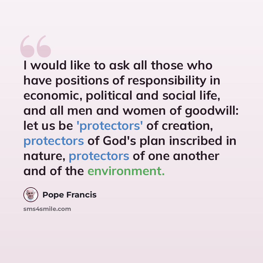 “I would like to ask all those who have positions of responsibility in economic, political and social life, and all men and women of goodwill: let us be 'protectors' of creation, protectors of God's plan inscribed in nature, protectors of one another and of the environment.” quote by Pope Francis