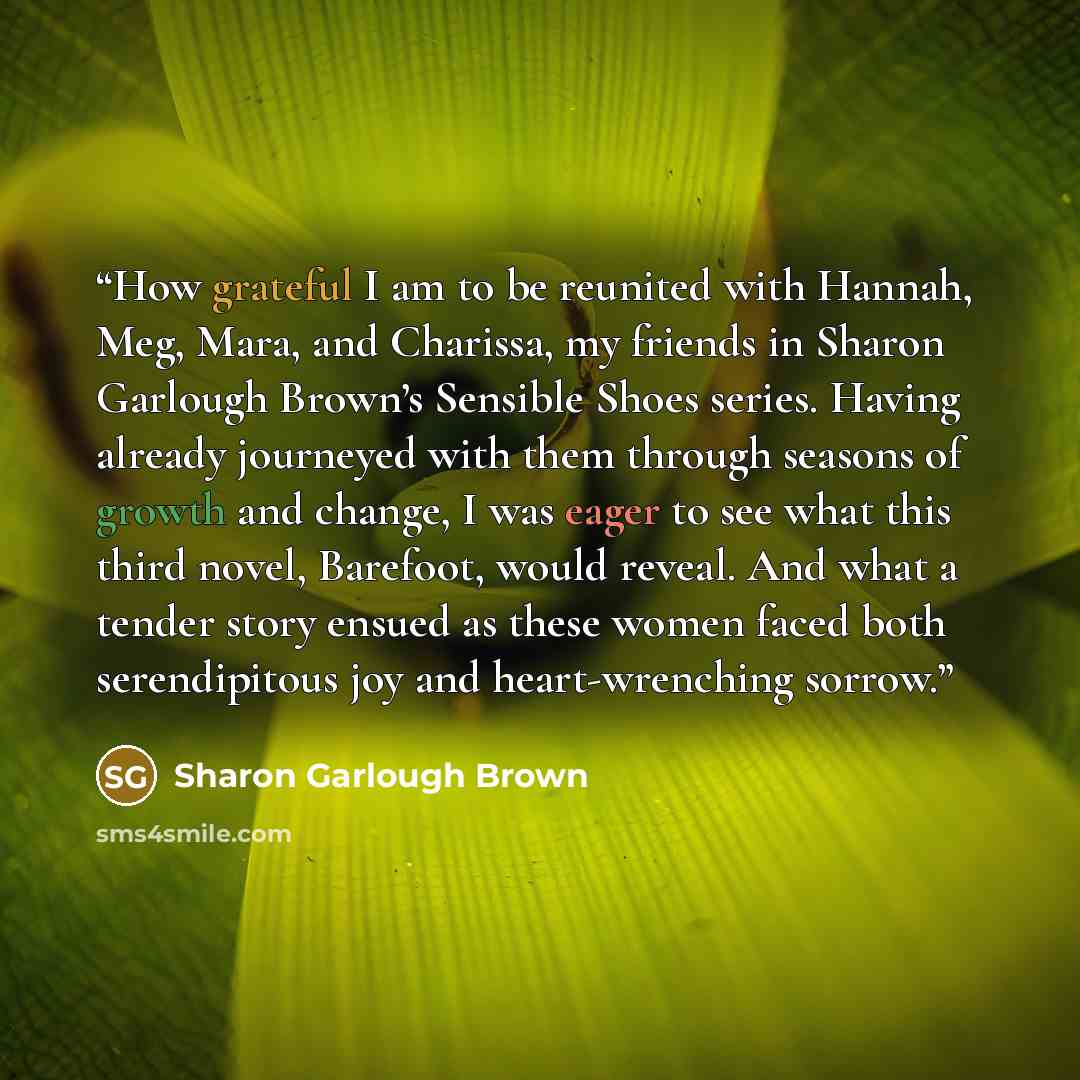 “How grateful I am to be reunited with Hannah, Meg, Mara, and Charissa, my friends in Sharon Garlough Brown’s Sensible Shoes series. Having already journeyed with them through seasons of growth and change, I was eager to see what this third novel, Barefoot, would reveal. And what a tender story…” quote by Sharon Garlough Brown