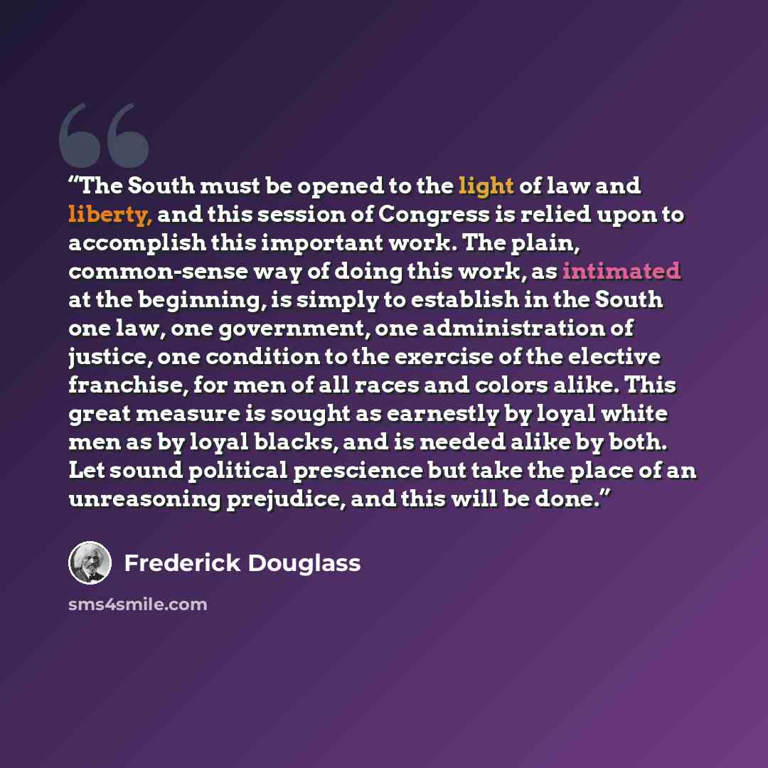 “The South must be opened to the light of law and liberty, and this session of Congress is relied upon to accomplish this important work. The plain, common-sense way of doing this work, as intimated at the beginning, is simply to establish in the South one law, one government, one administration of…” quote by Frederick Douglass