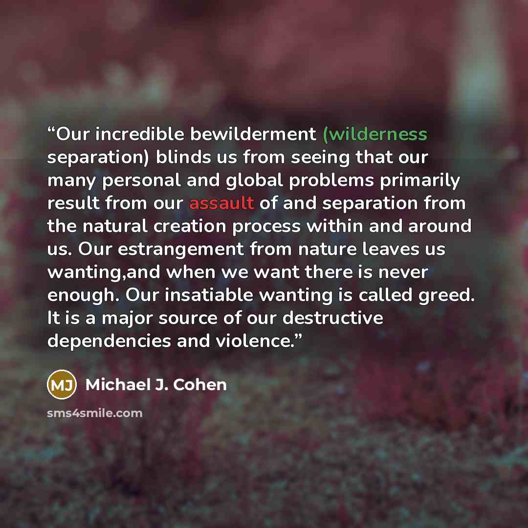 “Our incredible bewilderment (wilderness separation) blinds us from seeing that our many personal and global problems primarily result from our assault of and separation from the natural creation process within and around us. Our estrangement from nature leaves us wanting,and when we want there is…” quote by Michael J. Cohen