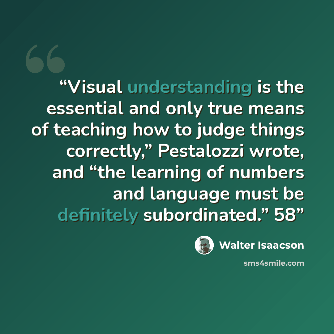 “Visual understanding is the essential and only true means of teaching how to judge things correctly,” Pestalozzi wrote, and “the learning of numbers and language must be definitely subordinated.” 58” quote by Walter Isaacson