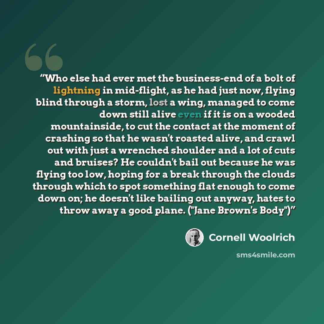 “Who else had ever met the business-end of a bolt of lightning in mid-flight, as he had just now, flying blind through a storm, lost a wing, managed to come down still alive even if it is on a wooded mountainside, to cut the contact at the moment of crashing so that he wasn't roasted alive, and…” quote by Cornell Woolrich