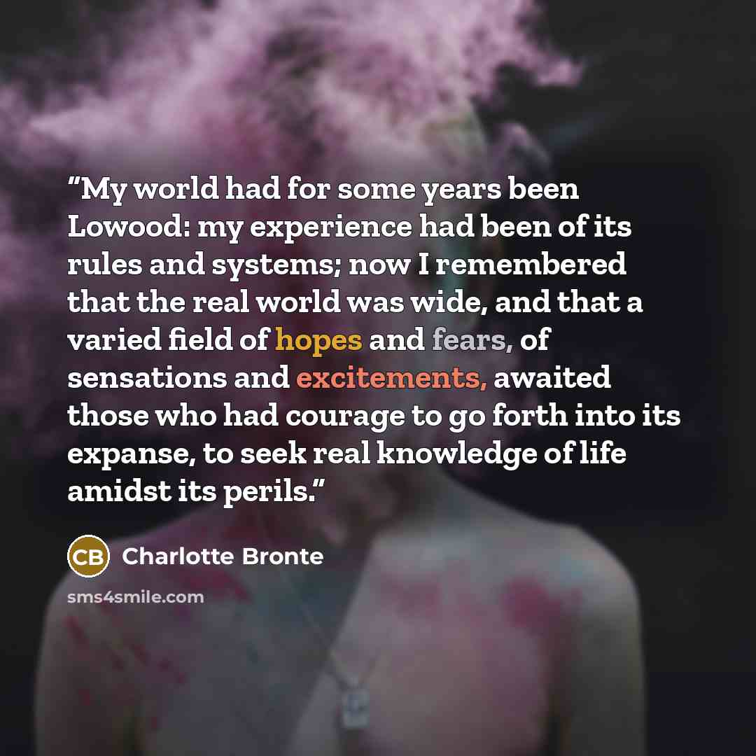 “My world had for some years been Lowood: my experience had been of its rules and systems; now I remembered that the real world was wide, and that a varied field of hopes and fears, of sensations and excitements, awaited those who had courage to go forth into its expanse, to seek real knowledge of…” quote by Charlotte Brontë