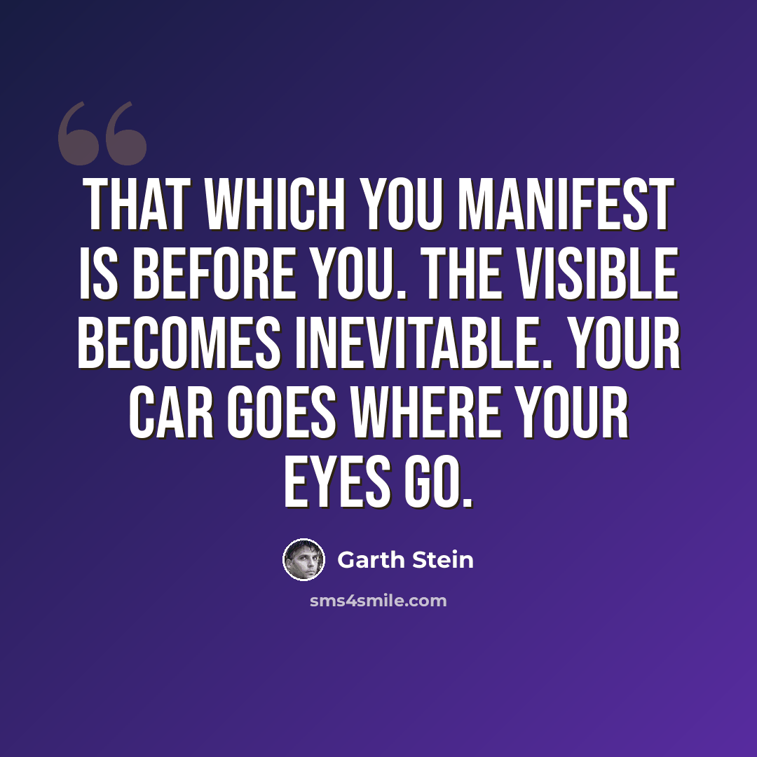 “That which you manifest is before you. The visible becomes inevitable. Your car goes where your eyes go.” quote by Garth Stein