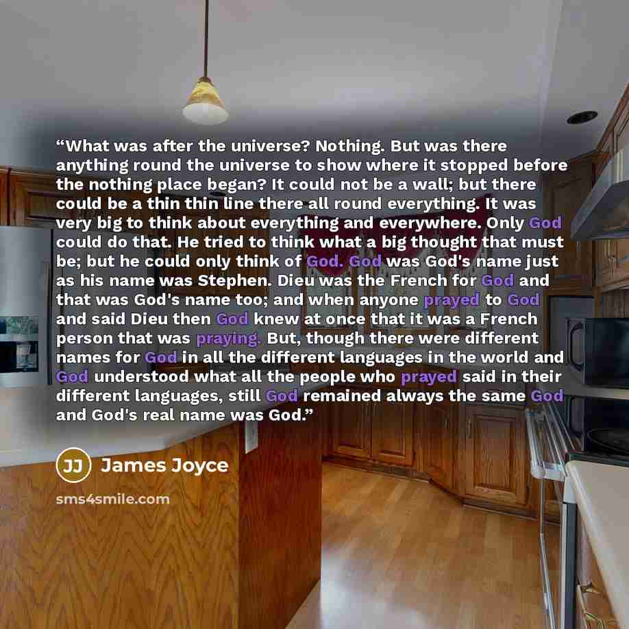 “What was after the universe? Nothing. But was there anything round the universe to show where it stopped before the nothing place began? It could not be a wall; but there could be a thin thin line there all round everything. It was very big to think about everything and everywhere. Only God could…” quote by James Joyce