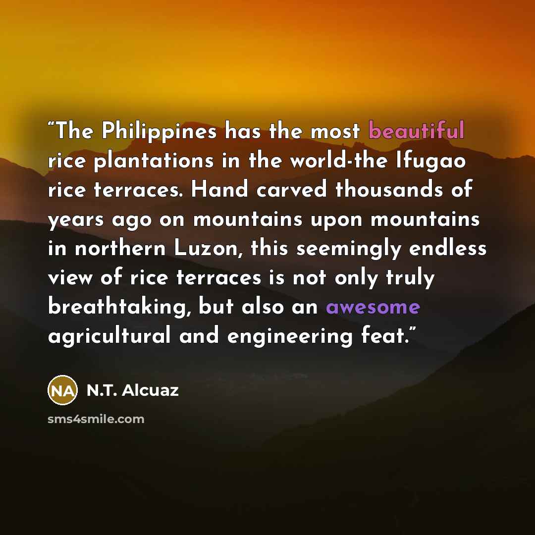 “The Philippines has the most beautiful rice plantations in the world-the Ifugao rice terraces. Hand carved thousands of years ago on mountains upon mountains in northern Luzon, this seemingly endless view of rice terraces is not only truly breathtaking, but also an awesome agricultural and…” quote by N.T. Alcuaz