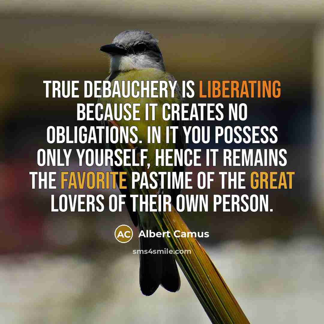 “True debauchery is liberating because it creates no obligations. In it you possess only yourself, hence it remains the favorite pastime of the great lovers of their own person.” quote by Albert Camus