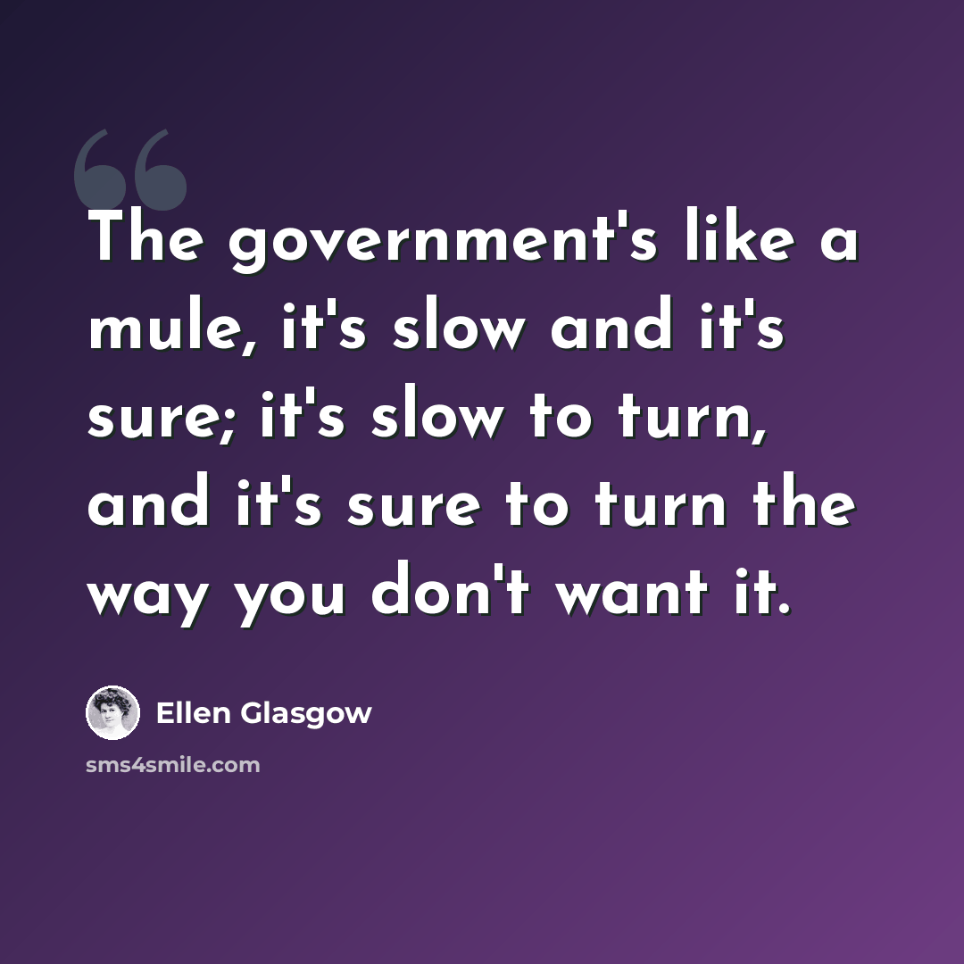 “The government's like a mule, it's slow and it's sure; it's slow to turn, and it's sure to turn the way you don't want it.” quote by Ellen Glasgow