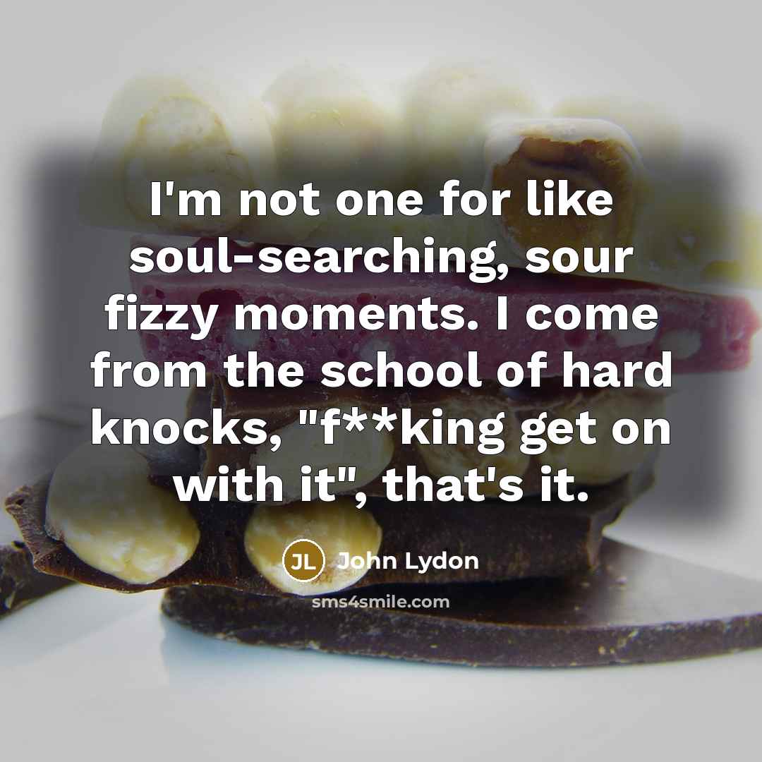 “I'm not one for like soul-searching, sour fizzy moments. I come from the school of hard knocks, "f**king get on with it", that's it.” quote by John Lydon