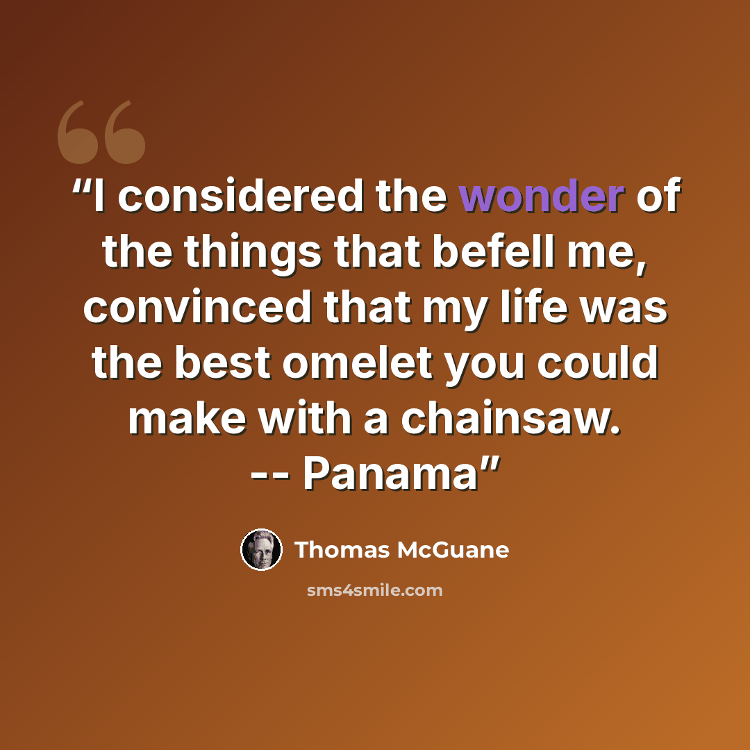 “I considered the wonder of the things that befell me, convinced that my life was the best omelet you could make with a chainsaw. -- Panama” quote by Thomas McGuane