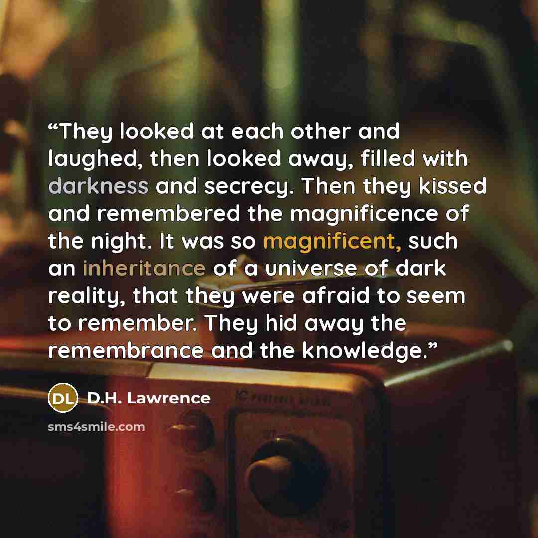 “They looked at each other and laughed, then looked away, filled with darkness and secrecy. Then they kissed and remembered the magnificence of the night. It was so magnificent, such an inheritance of a universe of dark reality, that they were afraid to seem to remember. They hid away the…” quote by D.H. Lawrence
