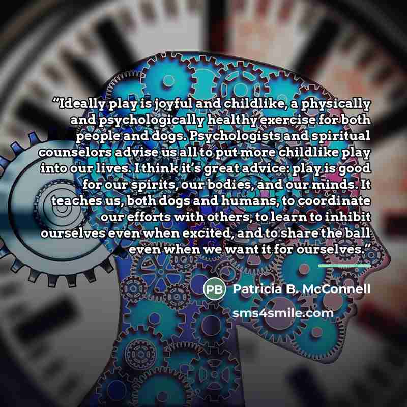 “Ideally play is joyful and childlike, a physically and psychologically healthy exercise for both people and dogs. Psychologists and spiritual counselors advise us all to put more childlike play into our lives. I think it’s great advice: play is good for our spirits, our bodies, and our minds. It…” quote by Patricia B. McConnell