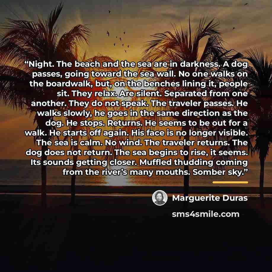 “Night. The beach and the sea are in darkness. A dog passes, going toward the sea wall. No one walks on the boardwalk, but, on the benches lining it, people sit. They relax. Are silent. Separated from one another. They do not speak. The traveler passes. He walks slowly, he goes in the same…” quote by Marguerite Duras