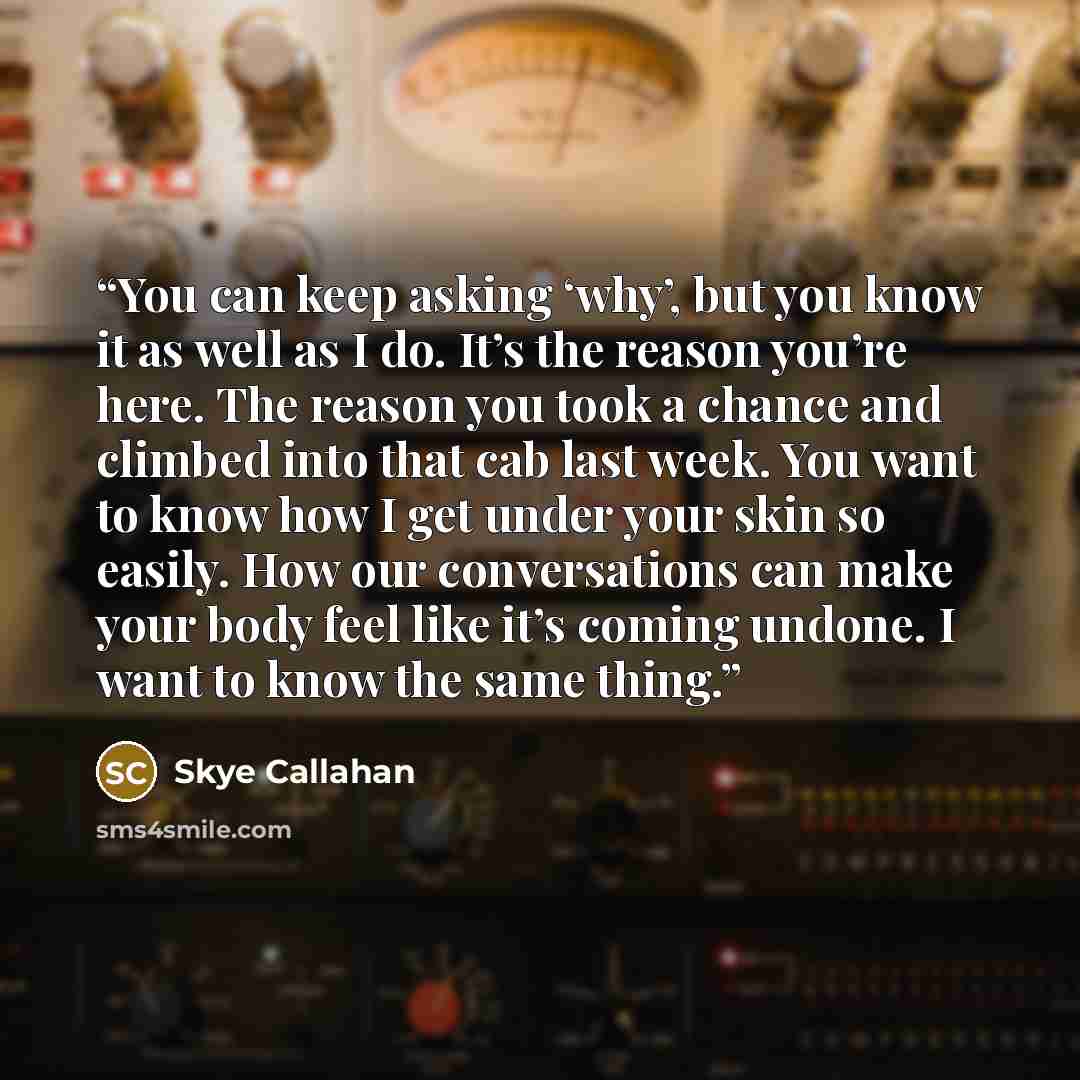 “You can keep asking ‘why’, but you know it as well as I do. It’s the reason you’re here. The reason you took a chance and climbed into that cab last week. You want to know how I get under your skin so easily. How our conversations can make your body feel like it’s coming undone. I want to know the…” quote by Skye Callahan