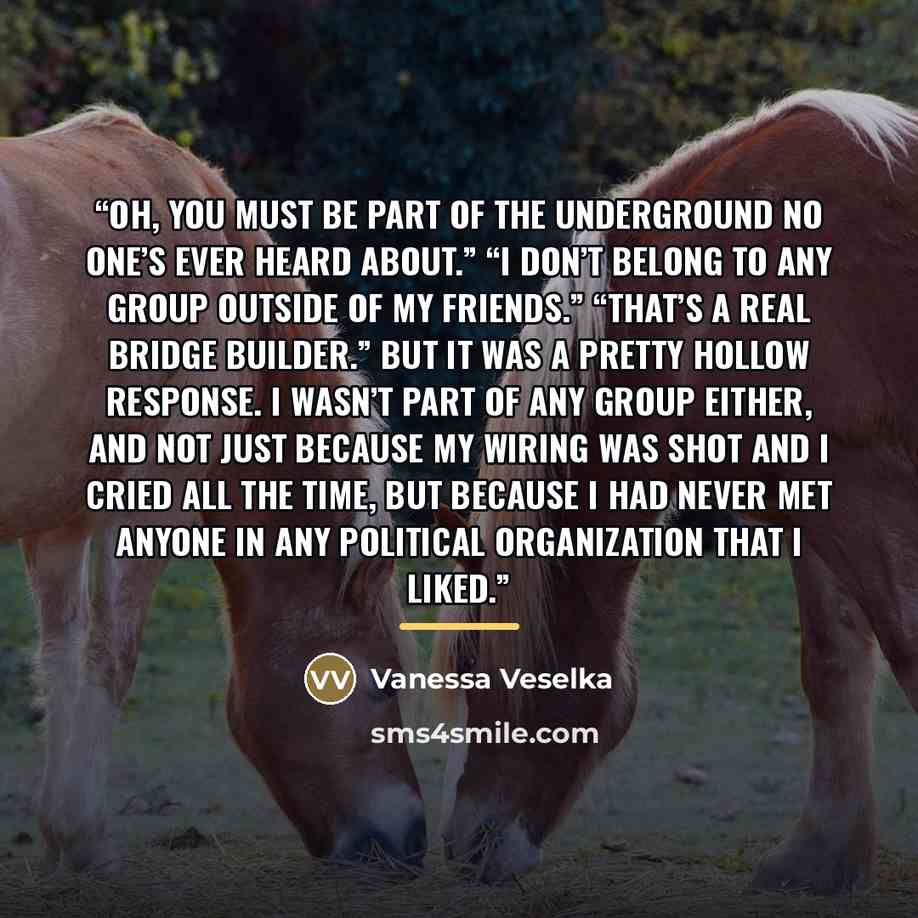 “Oh, you must be part of the underground no one’s ever heard about.” “I don’t belong to any group outside of my friends.” “That’s a real bridge builder.” But it was a pretty hollow response. I wasn’t part of any group either, and not just because my wiring was shot and I cried all the time, but…” quote by Vanessa Veselka