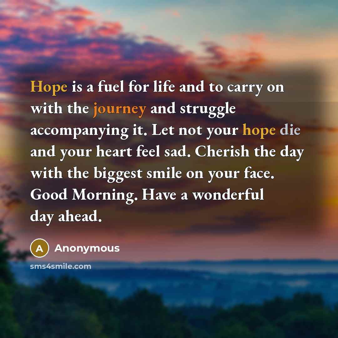 “Hope is a fuel for life and to carry on with the journey and struggle accompanying it. Let not your hope die and your heart feel sad. Cherish the day with the biggest smile on your face. Good Morning. Have a wonderful day ahead.” quote by Anonymous