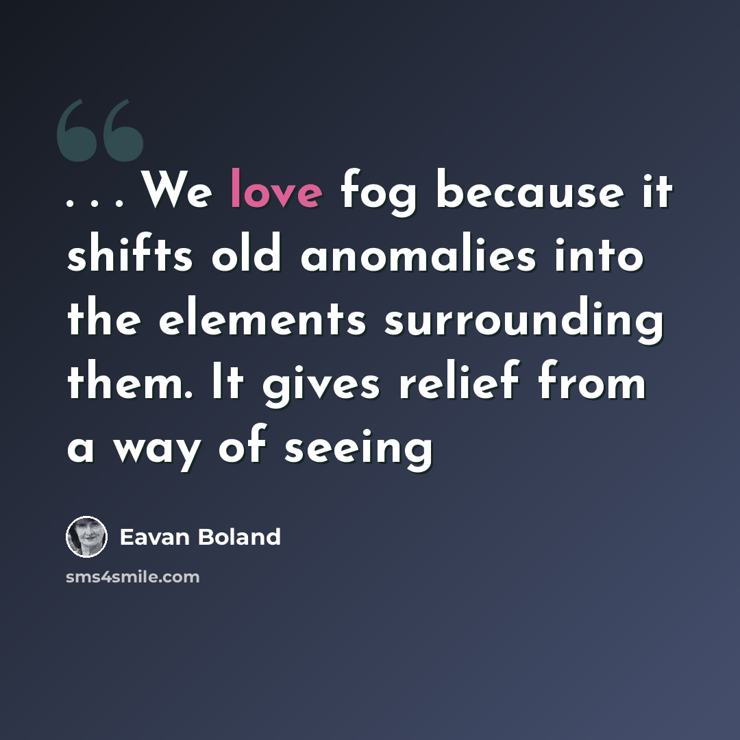 “. . . We love fog because it shifts old anomalies into the elements surrounding them. It gives relief from a way of seeing” quote by Eavan Boland