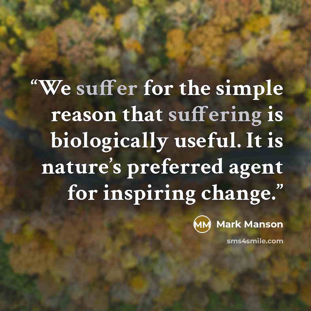 “We suffer for the simple reason that suffering is biologically useful. It is nature’s preferred agent for inspiring change.” quote by Mark Manson