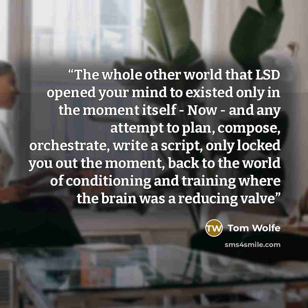 “The whole other world that LSD opened your mind to existed only in the moment itself - Now - and any attempt to plan, compose, orchestrate, write a script, only locked you out the moment, back to the world of conditioning and training where the brain was a reducing valve” quote by Tom Wolfe
