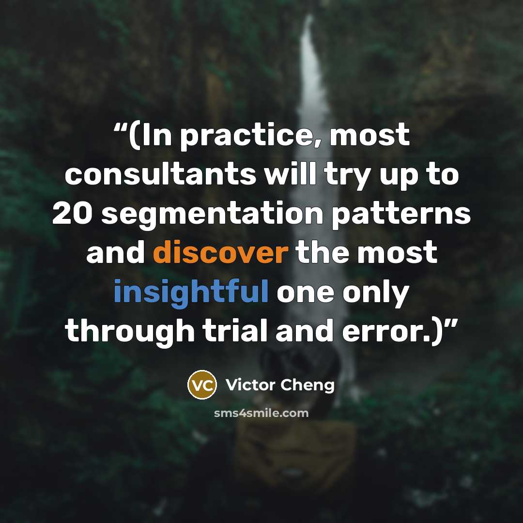 “(In practice, most consultants will try up to 20 segmentation patterns and discover the most insightful one only through trial and error.)” quote by Victor Cheng