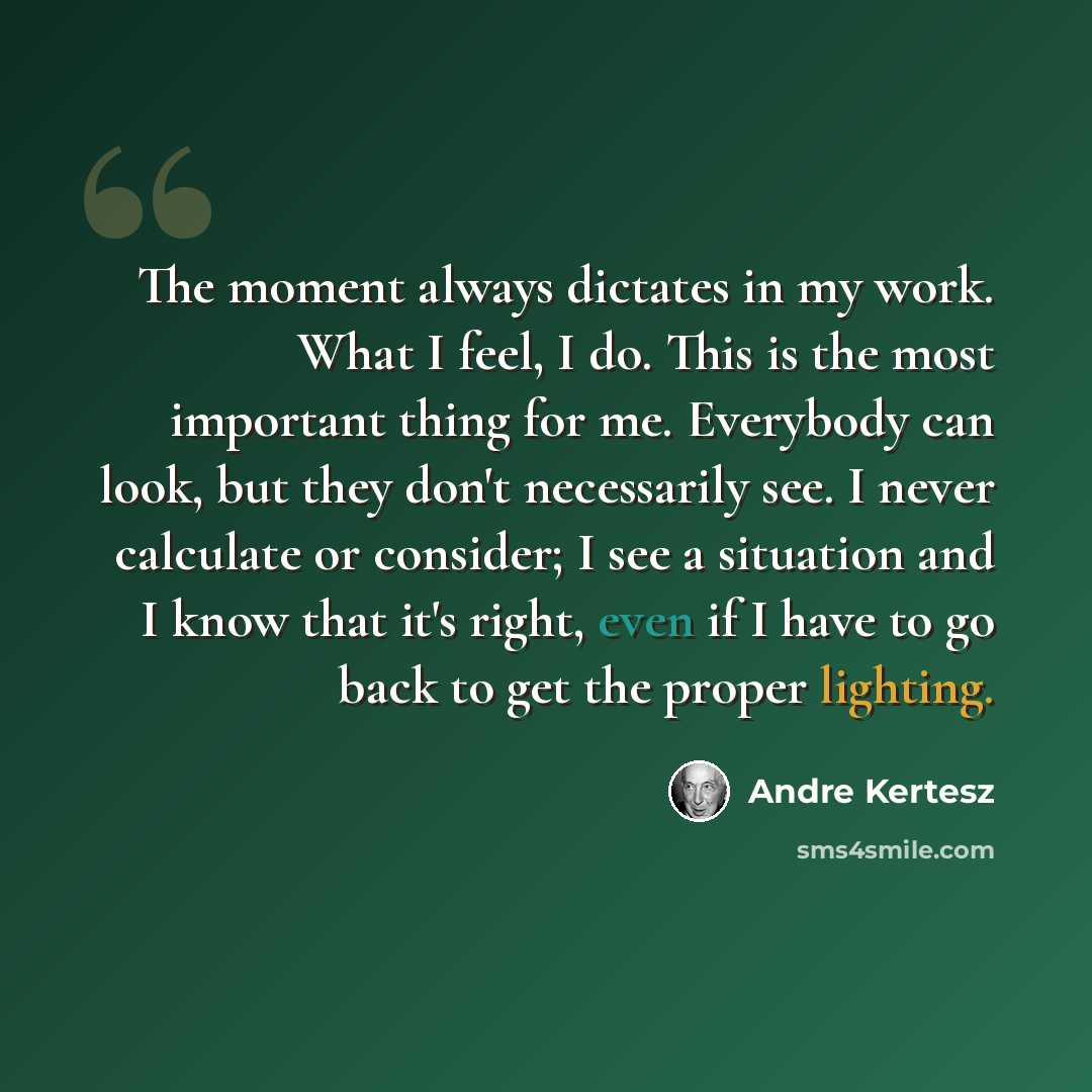 “The moment always dictates in my work. What I feel, I do. This is the most important thing for me. Everybody can look, but they don't necessarily see. I never calculate or consider; I see a situation and I know that it's right, even if I have to go back to get the proper lighting.” quote by Andre Kertesz