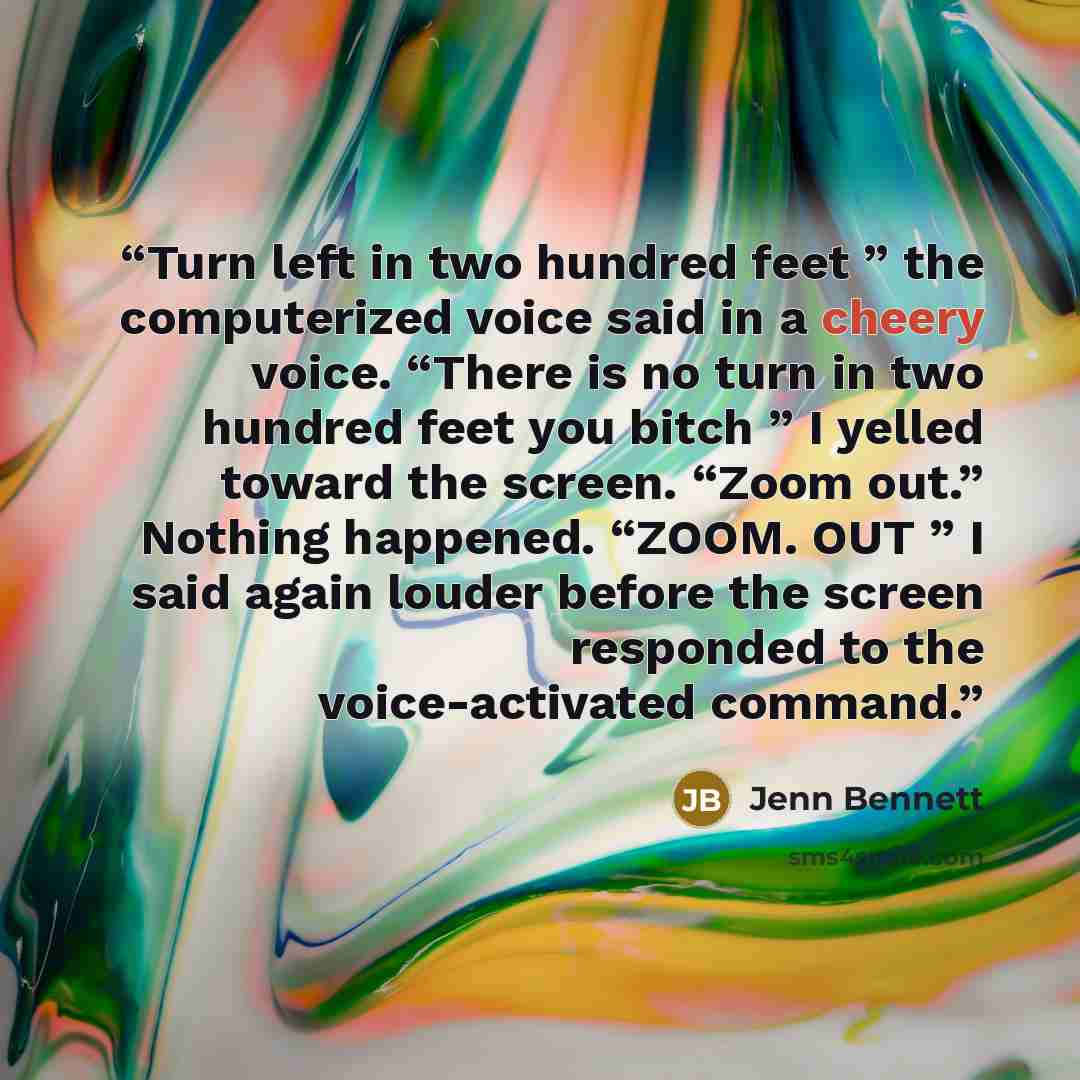 “Turn left in two hundred feet ” the computerized voice said in a cheery voice. “There is no turn in two hundred feet you bitch ” I yelled toward the screen. “Zoom out.” Nothing happened. “ZOOM. OUT ” I said again louder before the screen responded to the voice-activated command.” quote by Jenn Bennett