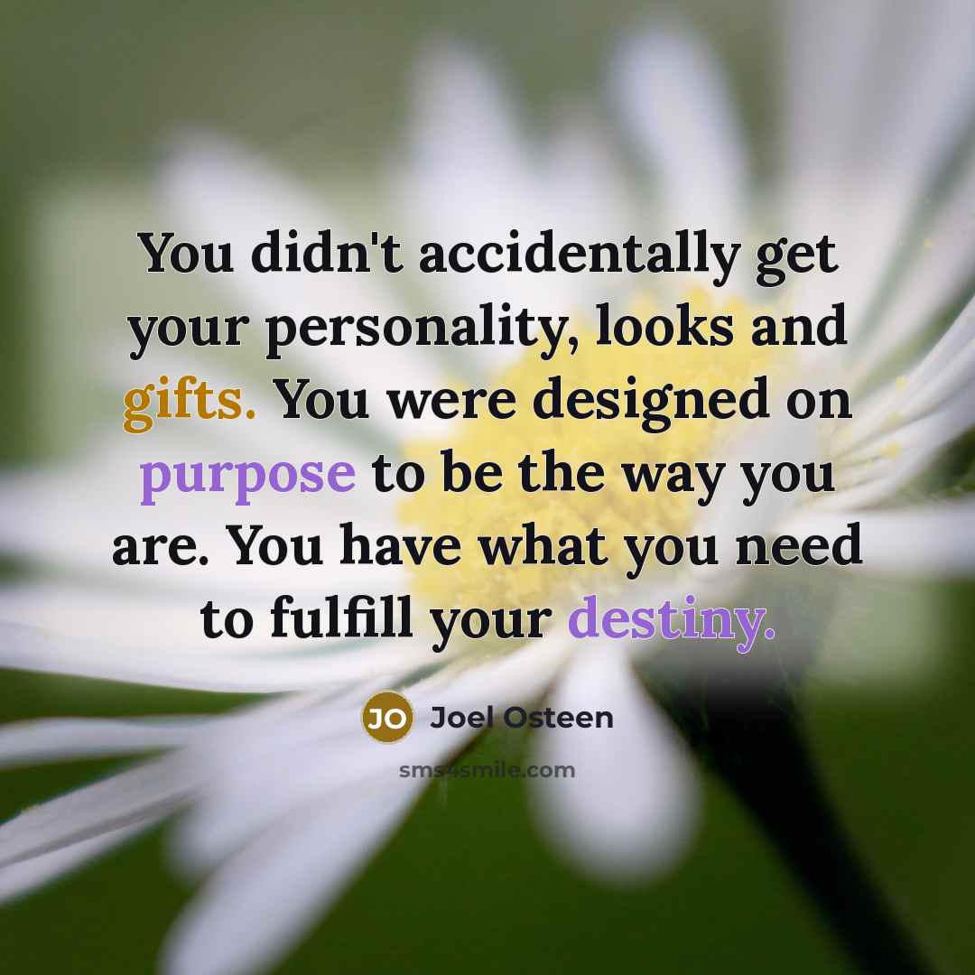 “You didn't accidentally get your personality, looks and gifts. You were designed on purpose to be the way you are. You have what you need to fulfill your destiny.” quote by Joel Osteen