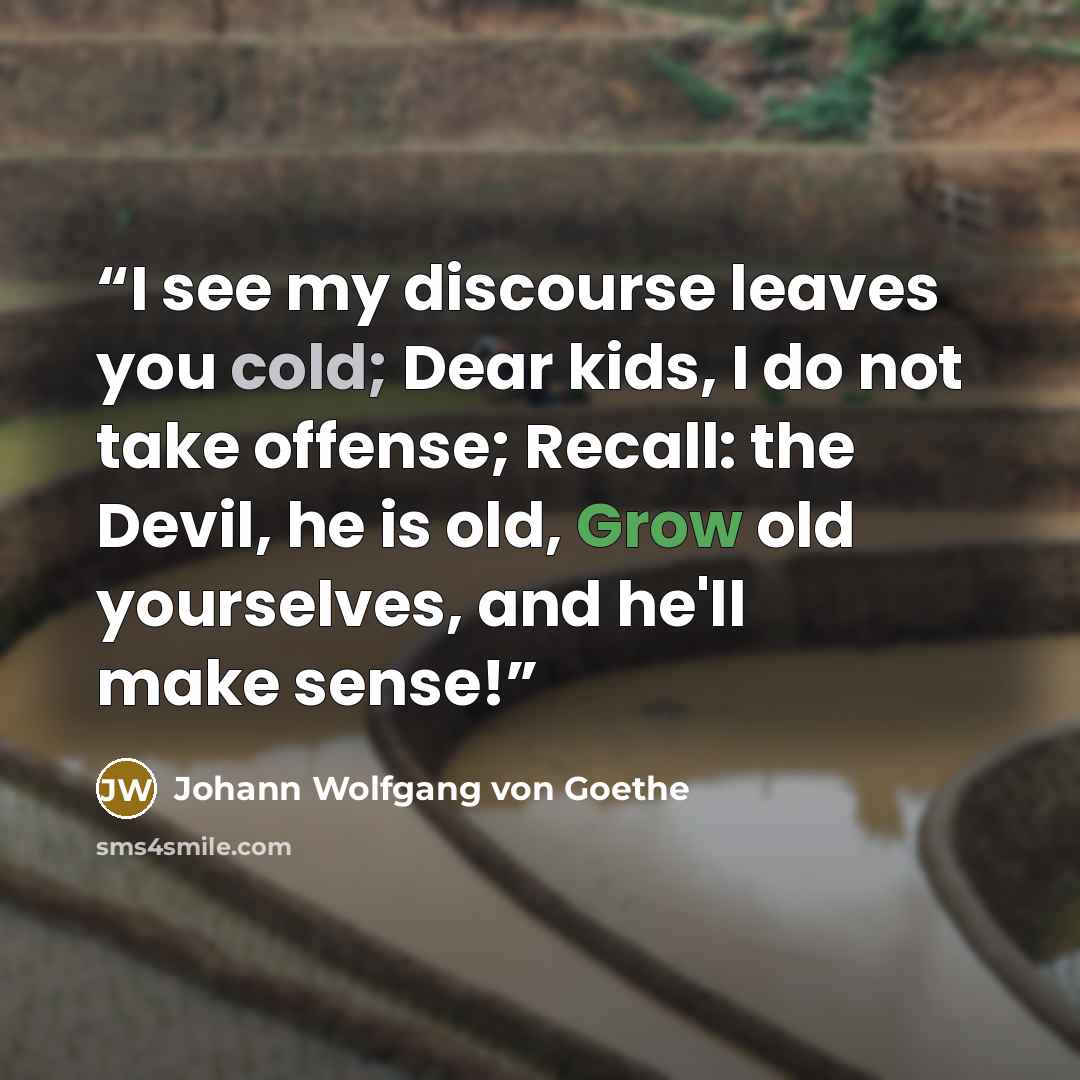 “I see my discourse leaves you cold; Dear kids, I do not take offense; Recall: the Devil, he is old, Grow old yourselves, and he'll make sense!” quote by Johann Wolfgang von Goethe