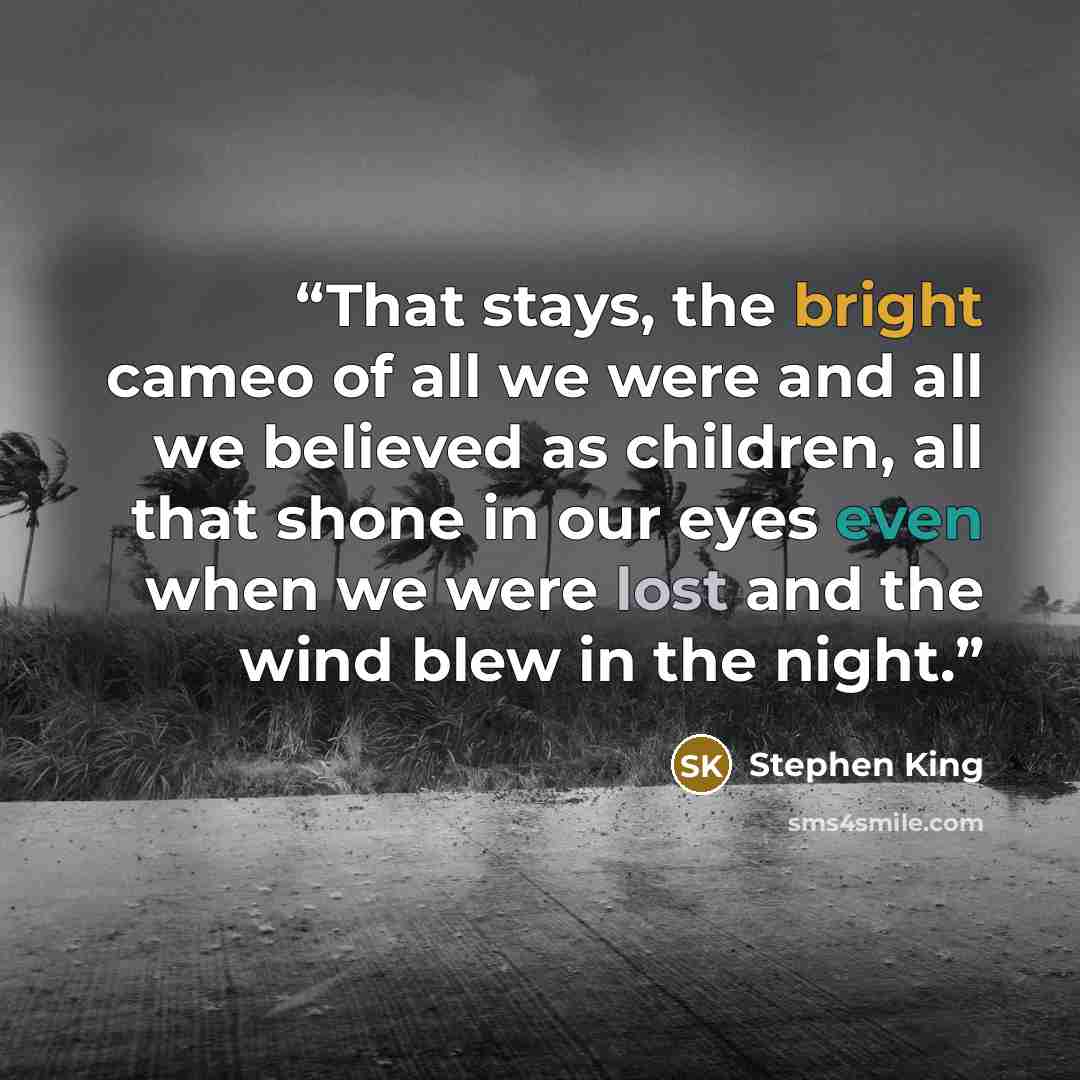 “That stays, the bright cameo of all we were and all we believed as children, all that shone in our eyes even when we were lost and the wind blew in the night.” quote by Stephen King