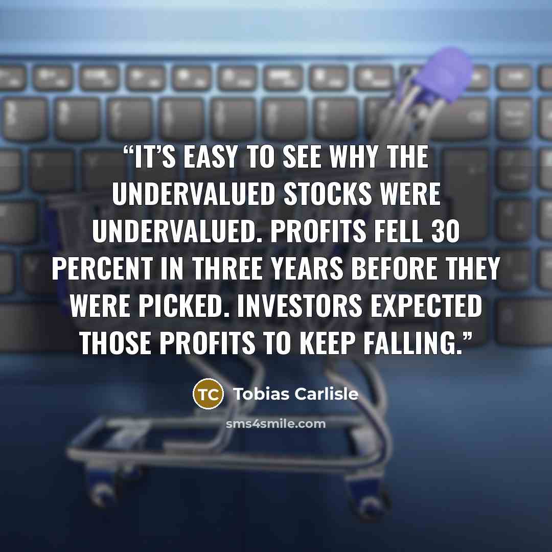 “It’s easy to see why the undervalued stocks were undervalued. Profits fell 30 percent in three years before they were picked. Investors expected those profits to keep falling.” quote by Tobias Carlisle