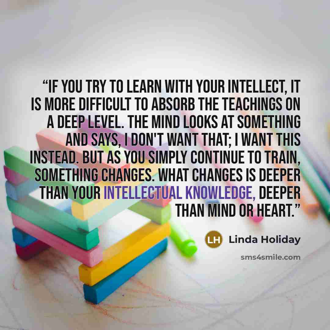 “If you try to learn with your intellect, it is more difficult to absorb the teachings on a deep level. The mind looks at something and says, I don't want that; I want this instead. But as you simply continue to train, something changes. What changes is deeper than your intellectual knowledge…” quote by Linda Holiday
