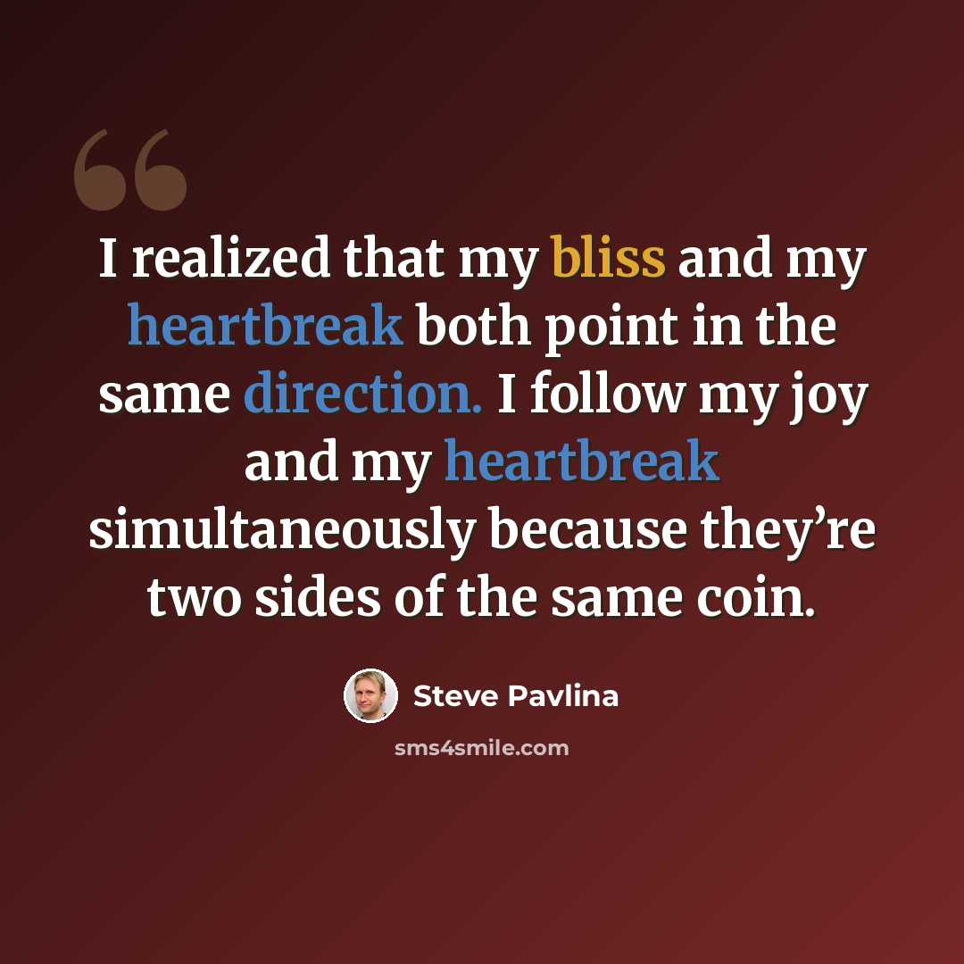 “I realized that my bliss and my heartbreak both point in the same direction. I follow my joy and my heartbreak simultaneously because they’re two sides of the same coin.” quote by Steve Pavlina